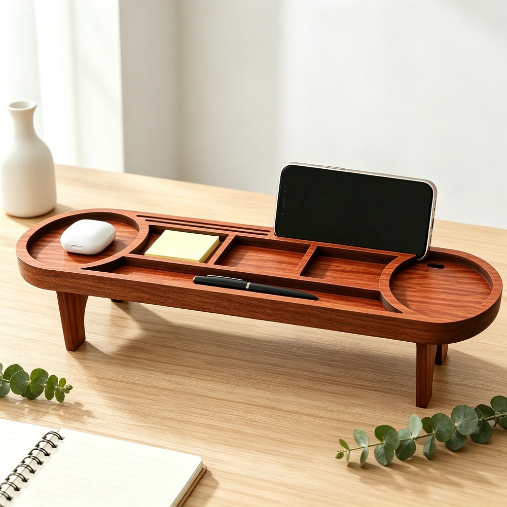 Tech Accessories For Office Desk - Wooden Desk Organizer with Phone Stand